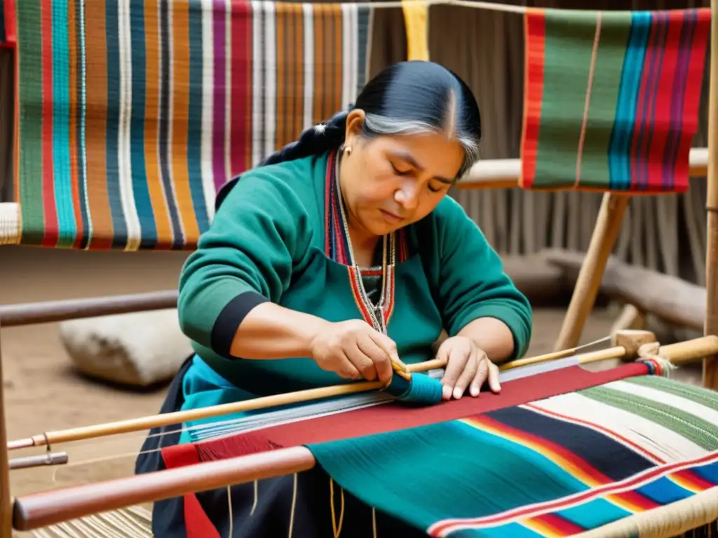 Arte del Telar Mapuche: Artesana teje con concentración en un telar rodeada de textiles coloridos y elementos naturales