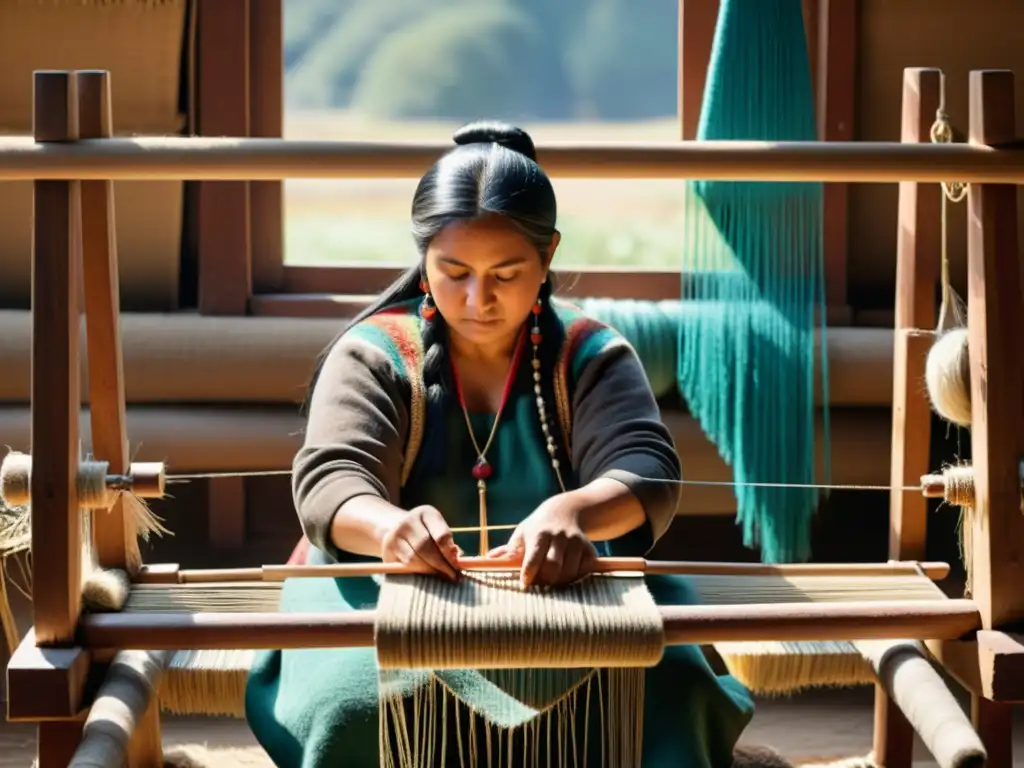 Arte del Telar Mapuche: Tejedora en su telar tradicional con hilos naturales en tonos tierra, reflejando la rica herencia cultural