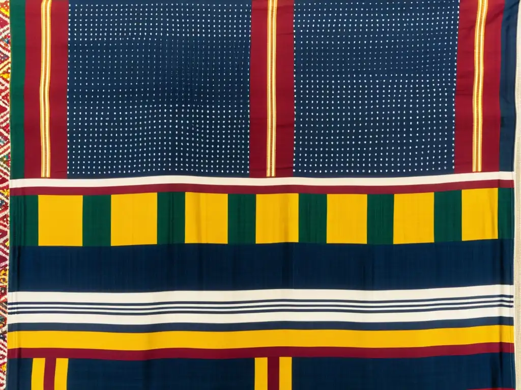 Arte textil africano con tintes culturales y significado histórico en vibrantes colores y patina envejecida