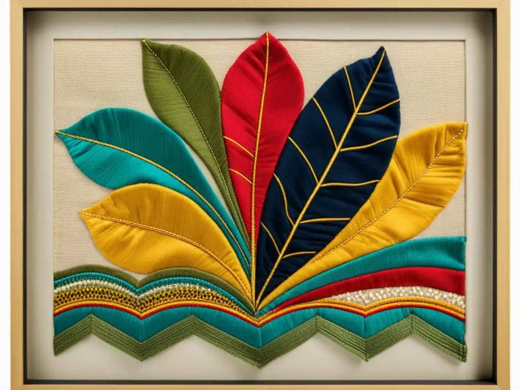 Arte textil de autor único: Detalle de obra vintage con colores vibrantes y detalles artesanales