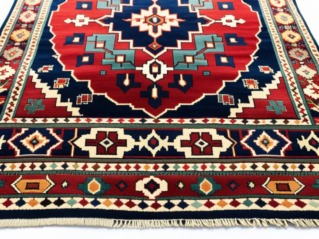 Arte textil de culturas ancestrales: Imagen de un tapete persa vintage con diseños florales y geométricos en tonos rojos, dorados y azules