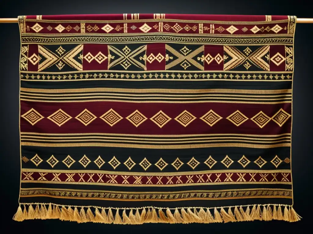 Arte textil de culturas ancestrales: delicada pieza con tonos tierra y hilo dorado, exhibida sobre fondo oscuro