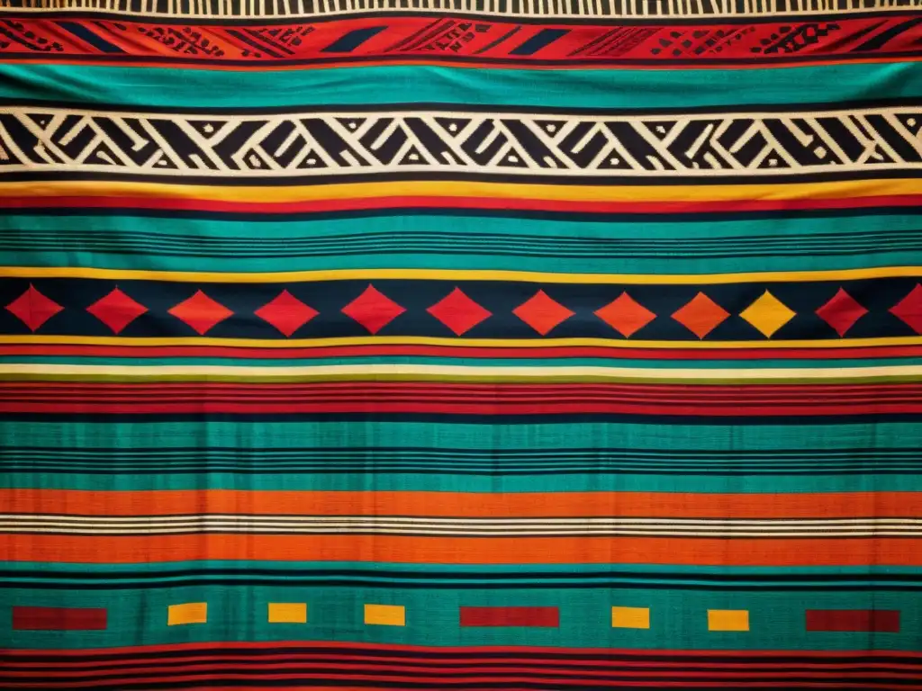 Arte textil de culturas ancestrales: tejido precolombino con colores vibrantes y patrones intrincados, exhibiendo artesanía y significado cultural