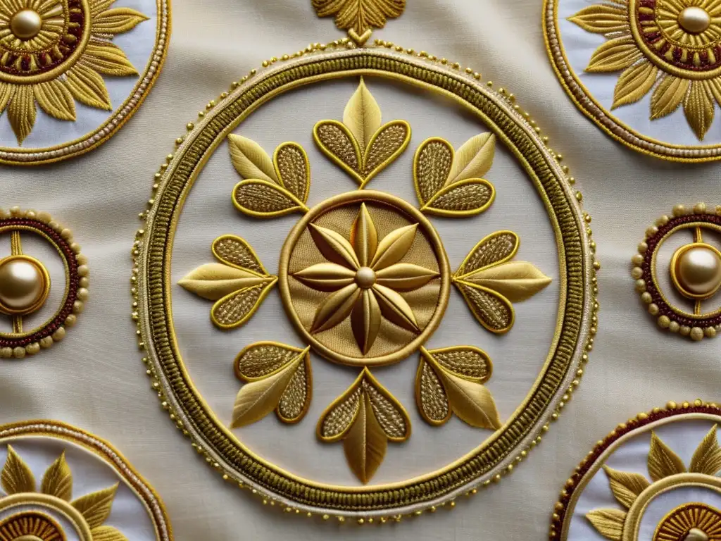 Arte textil de diferentes culturas: Detalle de bordado dorado en tela vintage sobre pergamino envejecido