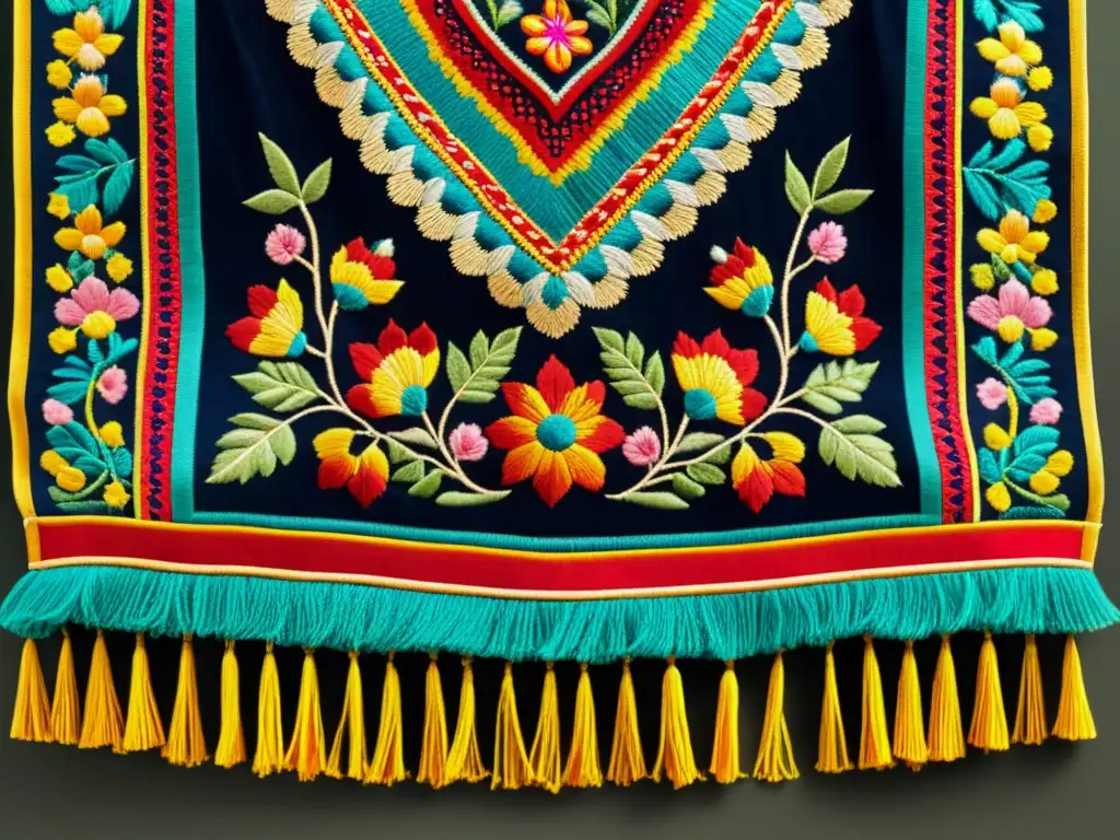 Arte textil de diferentes culturas: Detalle de un textil vintage con bordados intrincados y colores vibrantes sobre un fondo neutro envejecido