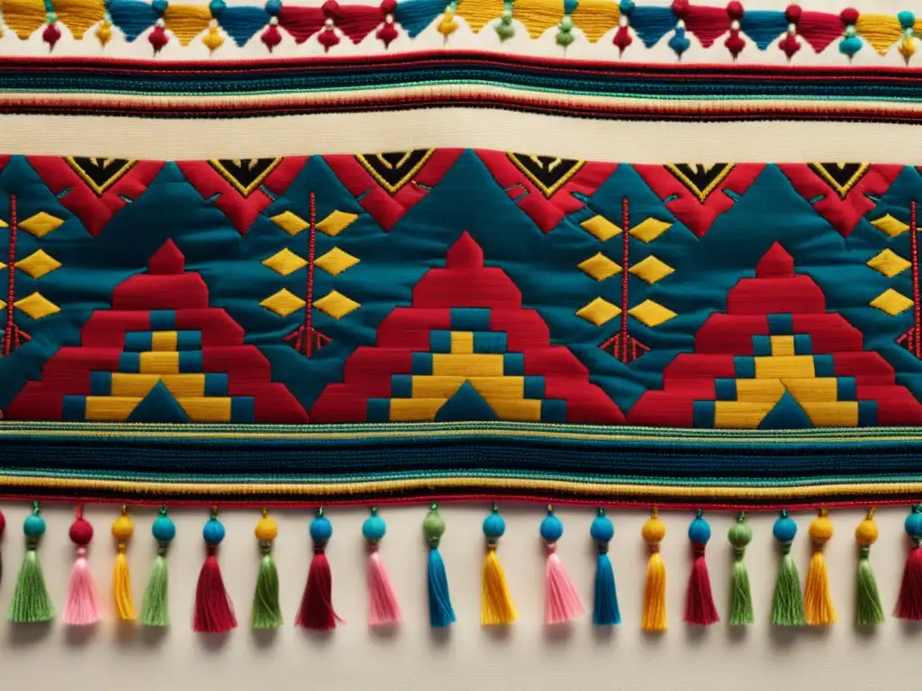 Arte textil de diferentes culturas: imagen detallada de textiles bordados vintage, con colores vibrantes y patrones intrincados