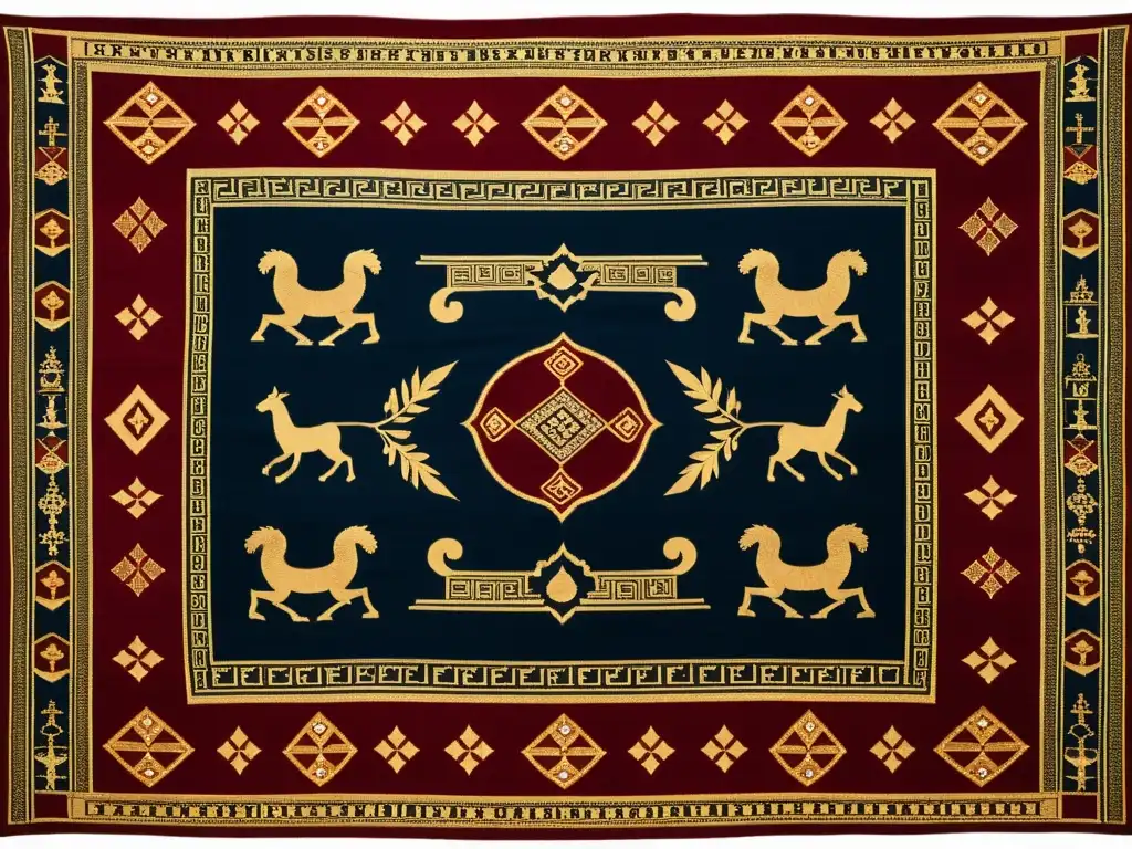 Arte textil grecorromano con historias antiguas tejidas en tapiz vintage de colores ricos y figuras mitológicas detalladas