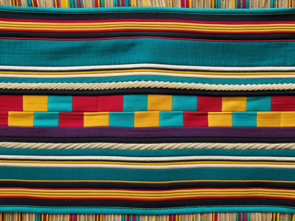 Arte textil indígena con colores vibrantes y patrones intrincados, mostrando historia y significado cultural