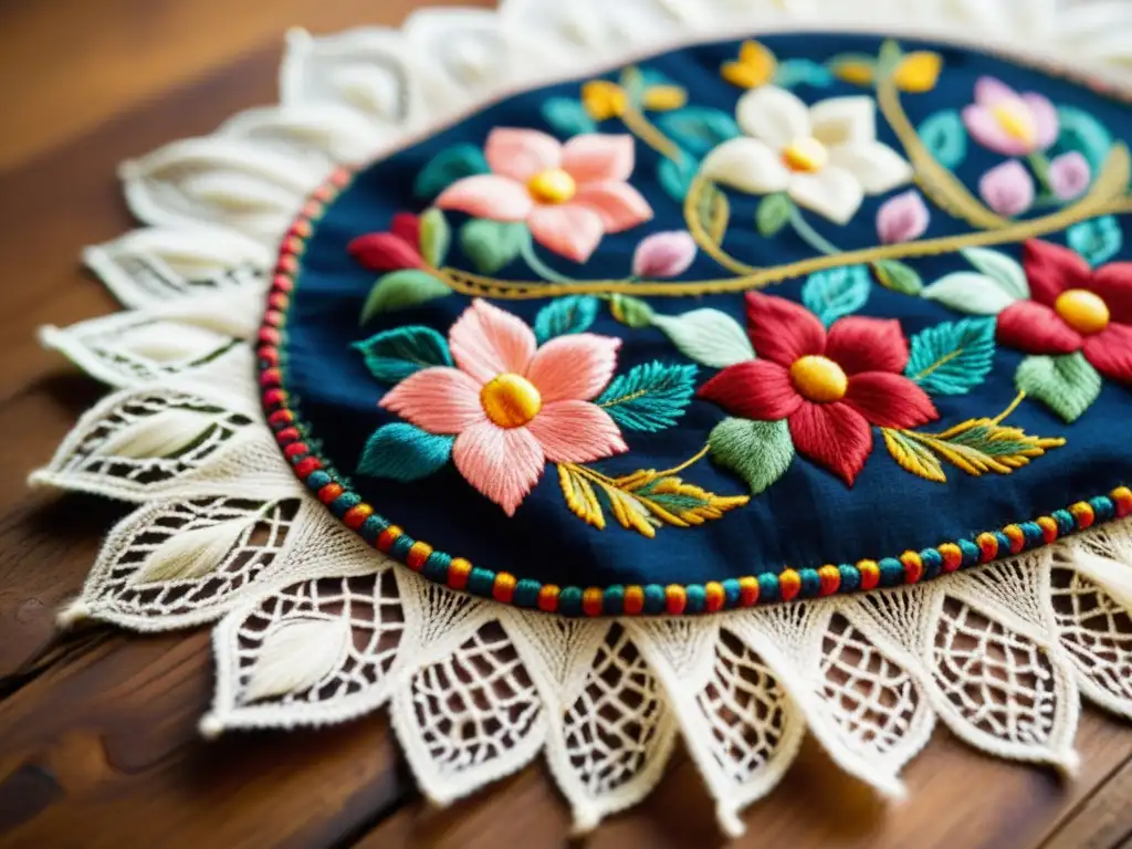 Arte textil en moda y diseño: Fotografía vintage de una tela bordada con patrones florales, sobre una mesa rústica de madera