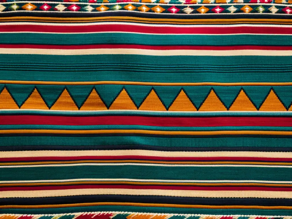 Inversión en arte textil multicultural: Detalle de un textil peruano tejido a mano, con patrones geométricos intrincados y colores vibrantes