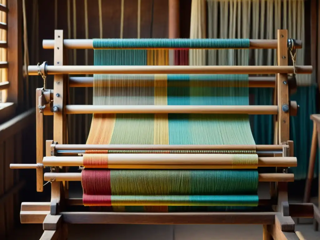 Arte textil mundial patrones narrativos: Antigua telar en taller rústico, iluminado por suave luz, tejiendo coloridos hilos con historia y destreza