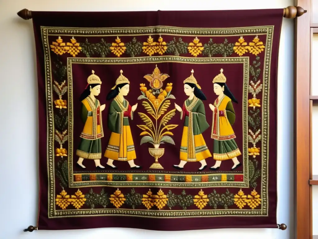 Arte textil con patrones tradicionales en maroon, verde oliva y amarillo dorado