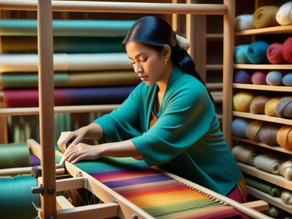 Arte textil sostenible: artesana teje fibras naturalmente teñidas en un telar de madera, rodeada de colores y texturas, evocando diseño cultural