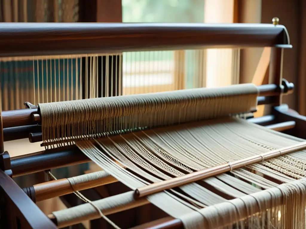 Arte textil sostenible: loom de madera tradicional con detalles tallados a mano y telas en tonos terrosos