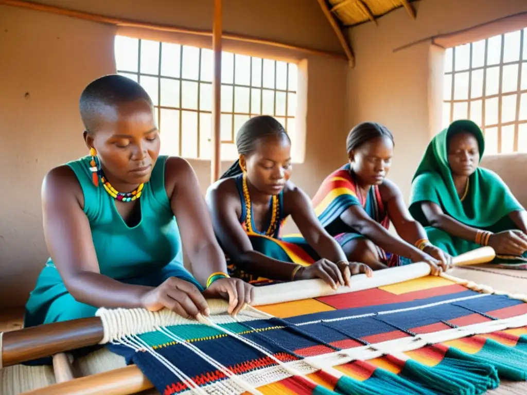 Arte textil tradicional de mujeres Ndebele tejiendo con detalle y colorido vibrante en telares de madera, bajo la cálida luz solar