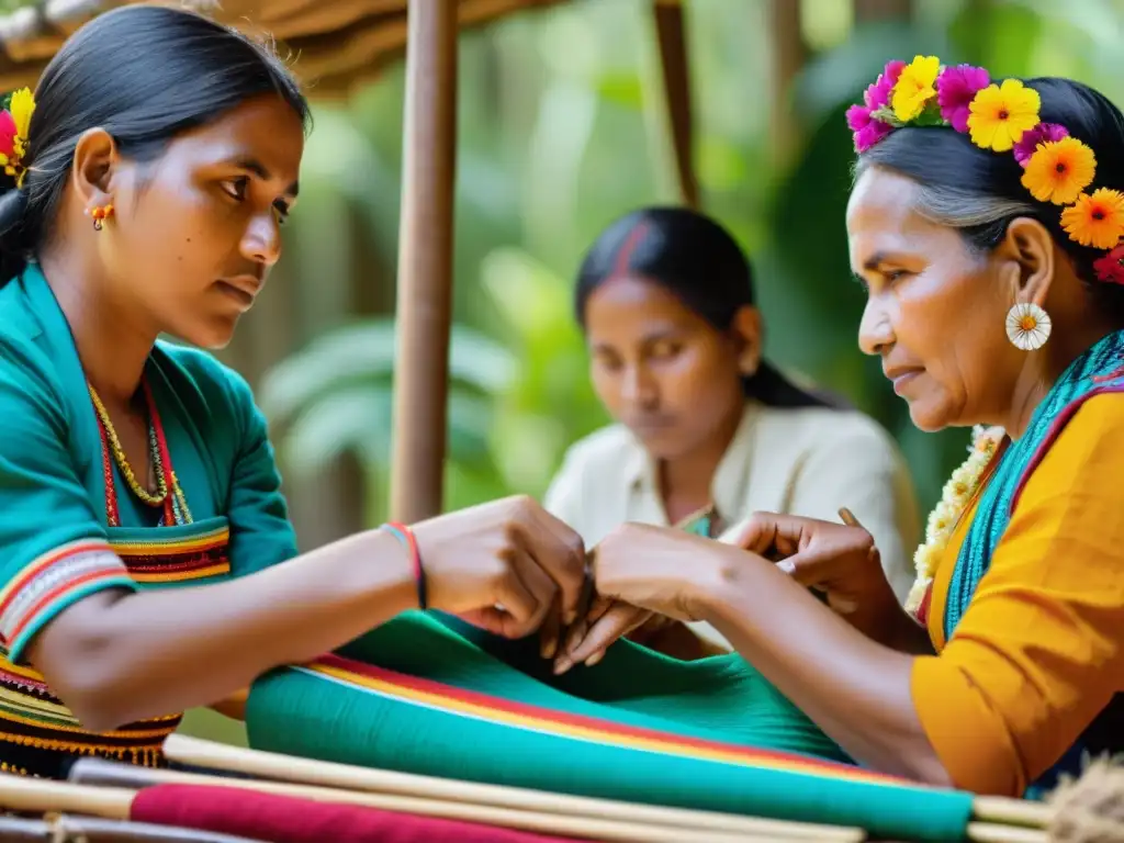 Arte textil tribal en culturas remotas: Mujeres indígenas creando coloridas artesanías con métodos tradicionales, rodeadas de la belleza natural