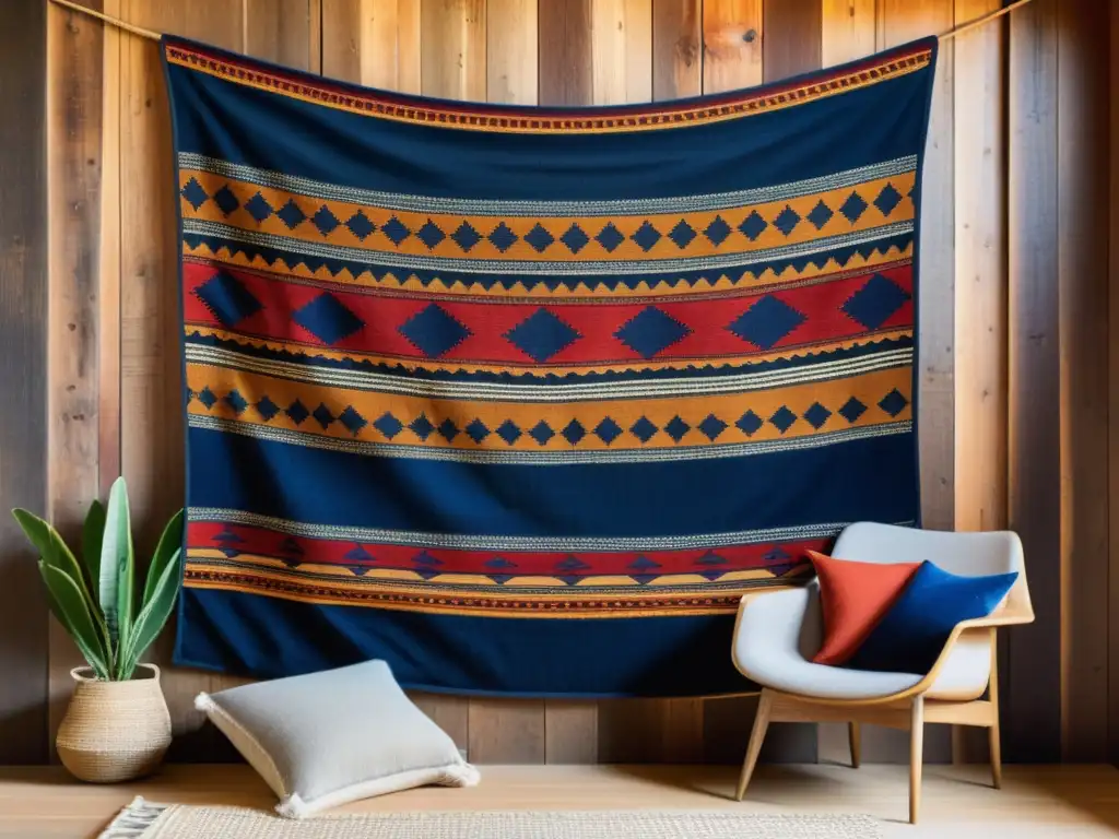 Arte textil tribal de culturas remotas: fotografía vintage de un tapiz con patrones geométricos en tonos terrosos, indigo y rojo