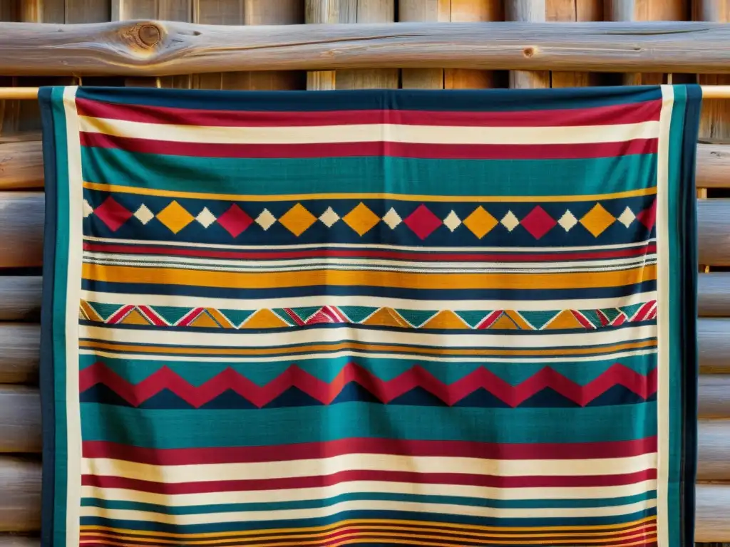 Arte textil tribal de culturas remotas: detalle de tejido vintage con colores vibrantes y patrones intrincados sobre fondo de madera envejecida