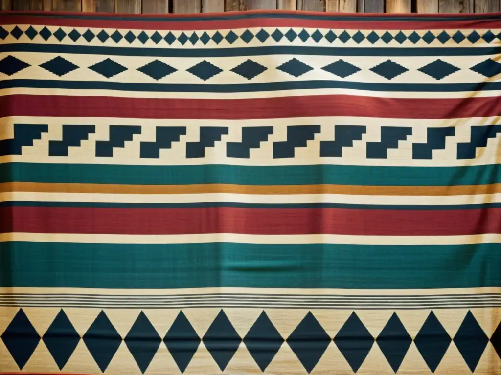 Arte textil tribal culturas remotas: Fotografía vintage de un textil tribal vibrante sobre un fondo rústico, con patrones geométricos y tonos terrosos