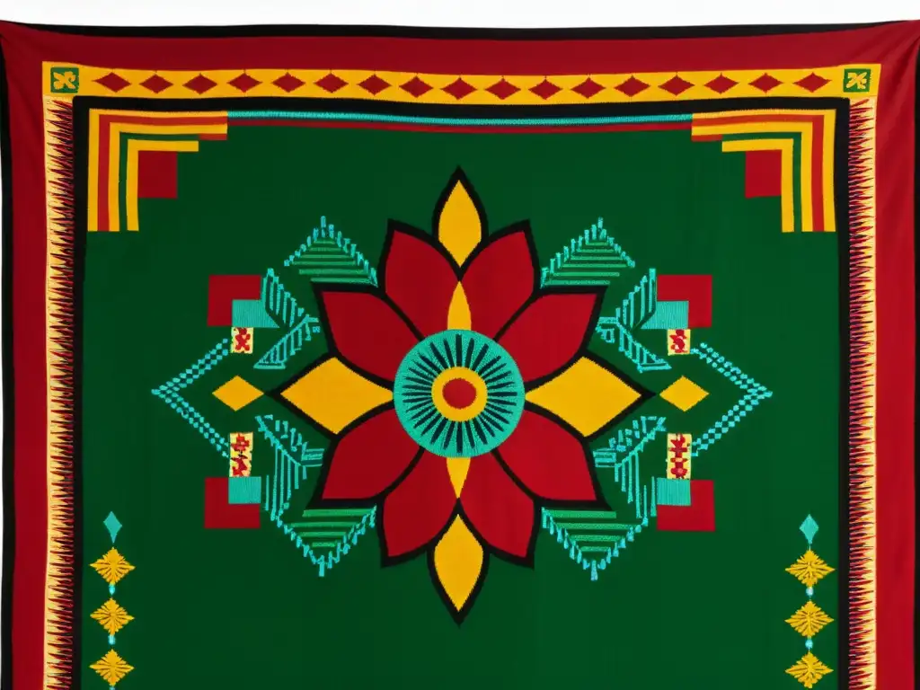 Arte textil: tapiz vintage con patrones artísticos representativos América Latina en tonos tierra, flores vibrantes y símbolos indígenas