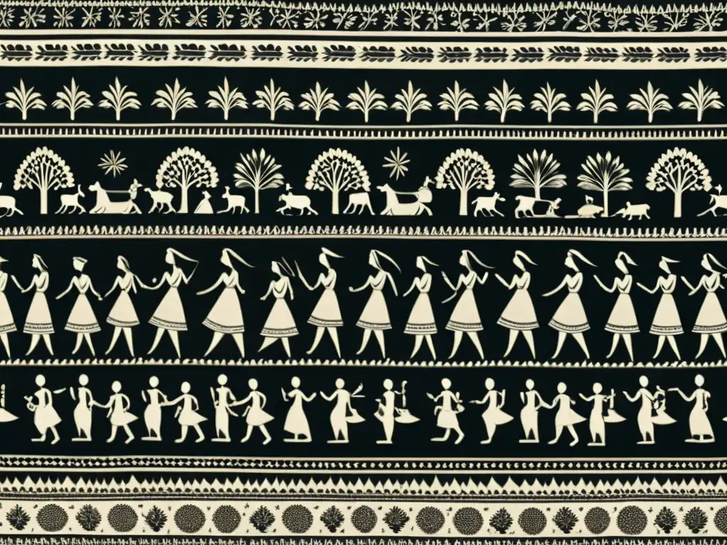 Arte tribal en tela Warli prints, con detalles delicados de la vida diaria y la naturaleza, iluminados suavemente en un maniquí de sastre