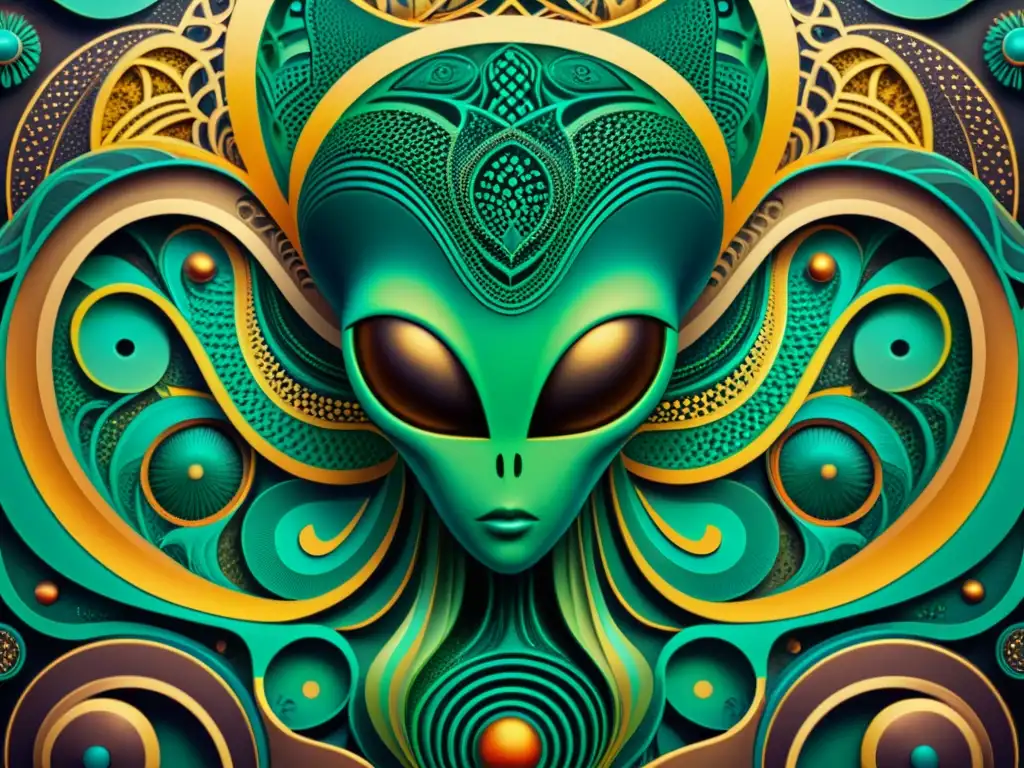 Un arte vintage con patrones artísticos de culturas extraterrestres, evocando misterio y maravilla con colores ricos y retrofuturistas