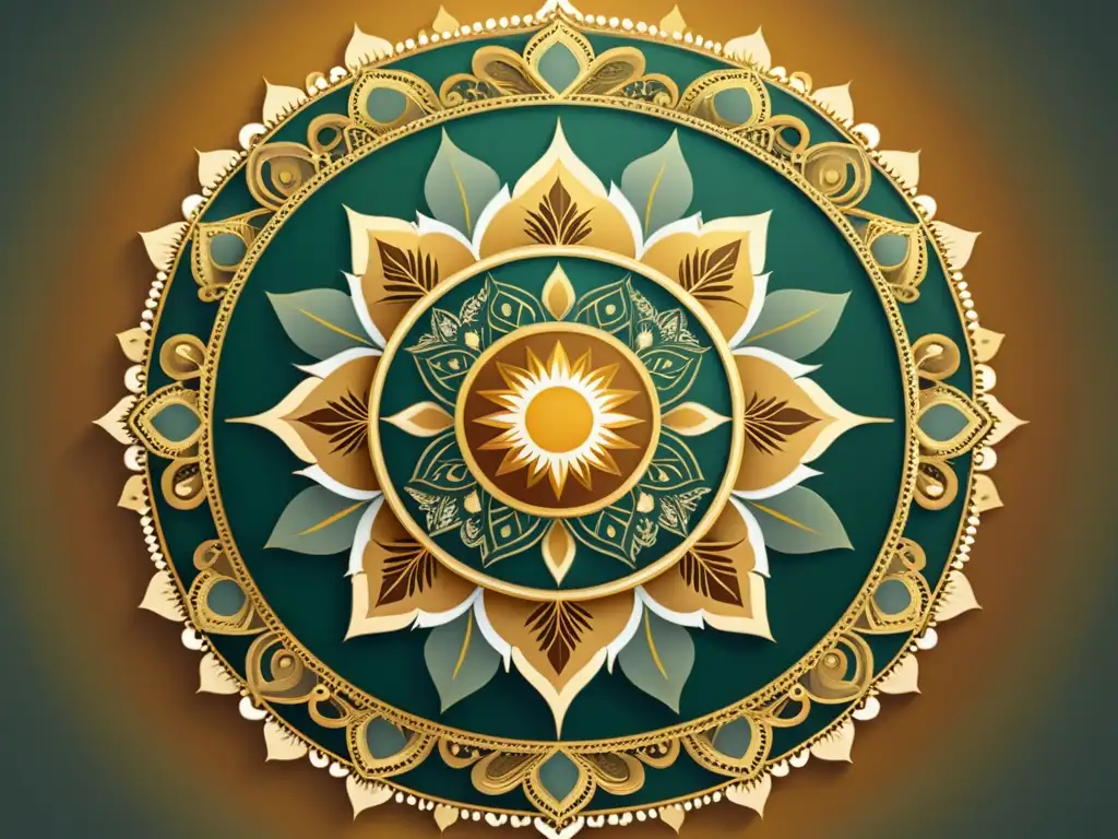 Arte vintage de mandala en tonos terrosos con motivos florales y sol dorado, evocando equilibrio y elegancia