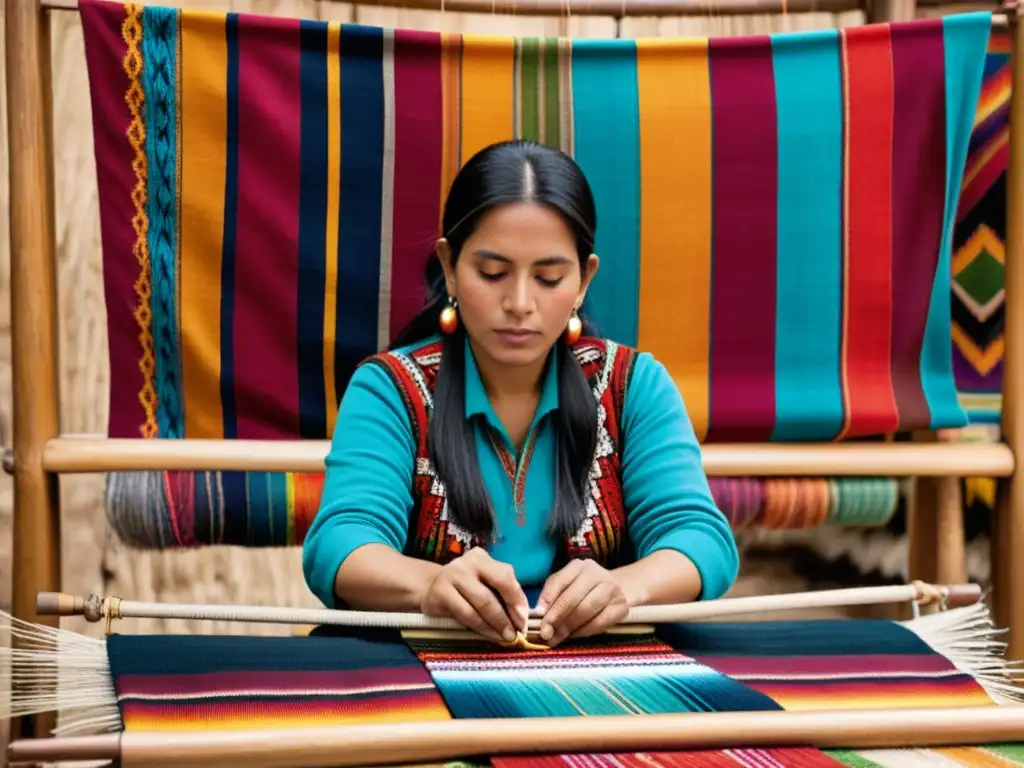 Artesana boliviana tejiendo tapices andinos con significado cultural