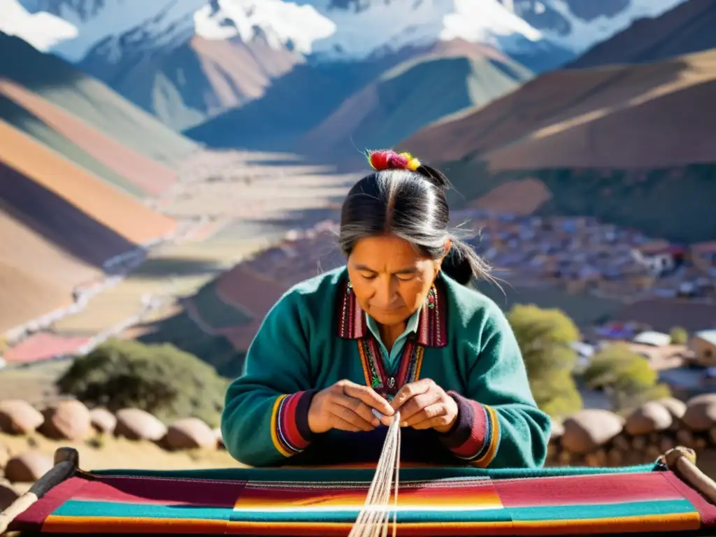 Artesana boliviana tejiendo un tapiz andino con significado cultural en los Andes de Bolivia