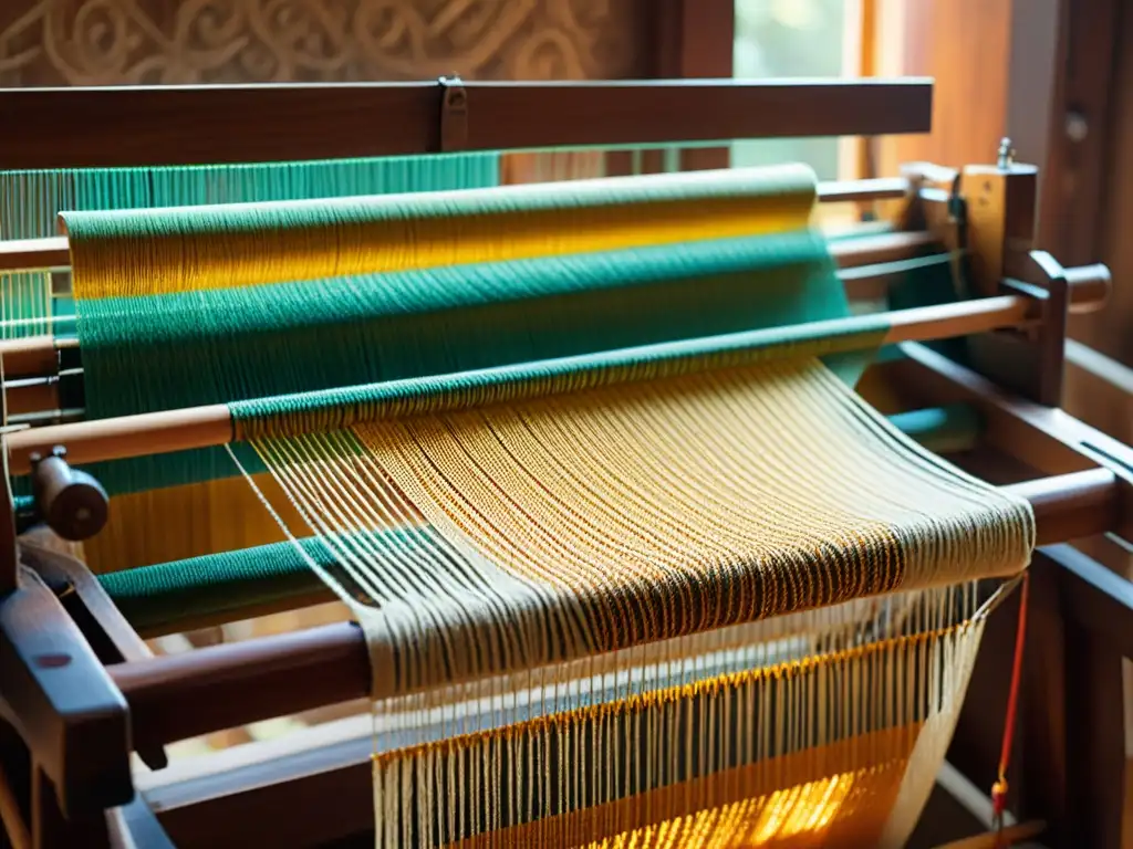 Una artesana teje con habilidad tejidos nativos con materiales endémicos, iluminada por la cálida luz del sol