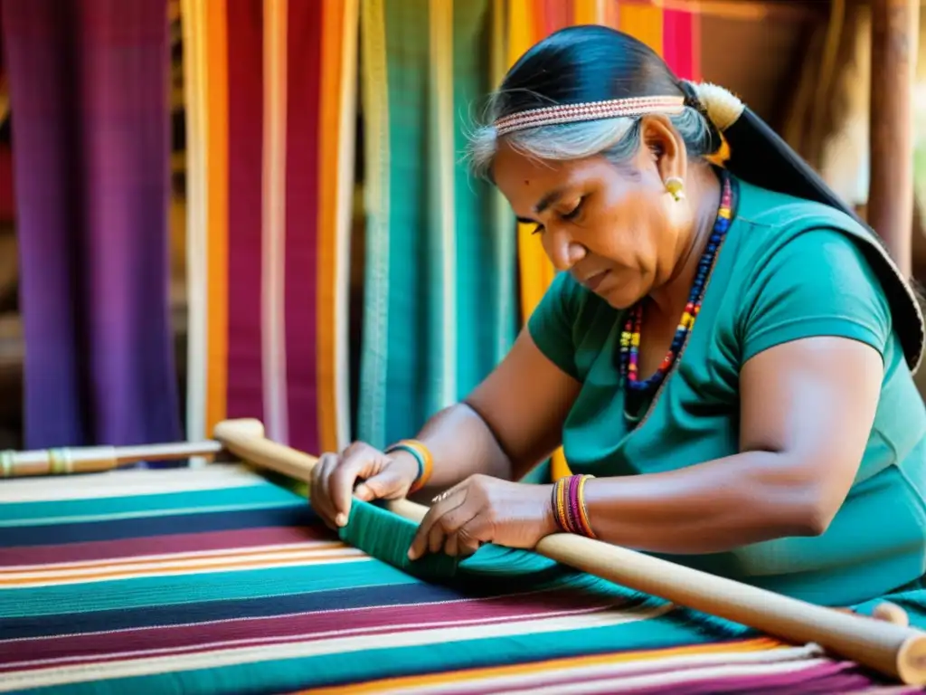 Artesana indígena tejiendo patrones tradicionales con tintes naturales, resaltando el valor económico y la belleza de los patrones indígenas