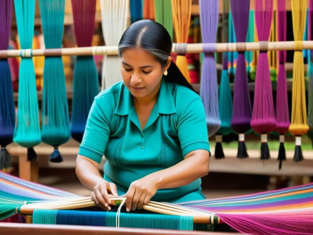 Una artesana indígena utiliza un telar de cintura en un bullicioso mercado latinoamericano, rodeada de hilos y patrones coloridos, capturando la rica herencia cultural y la innovación contemporánea en los tejidos de América Latina