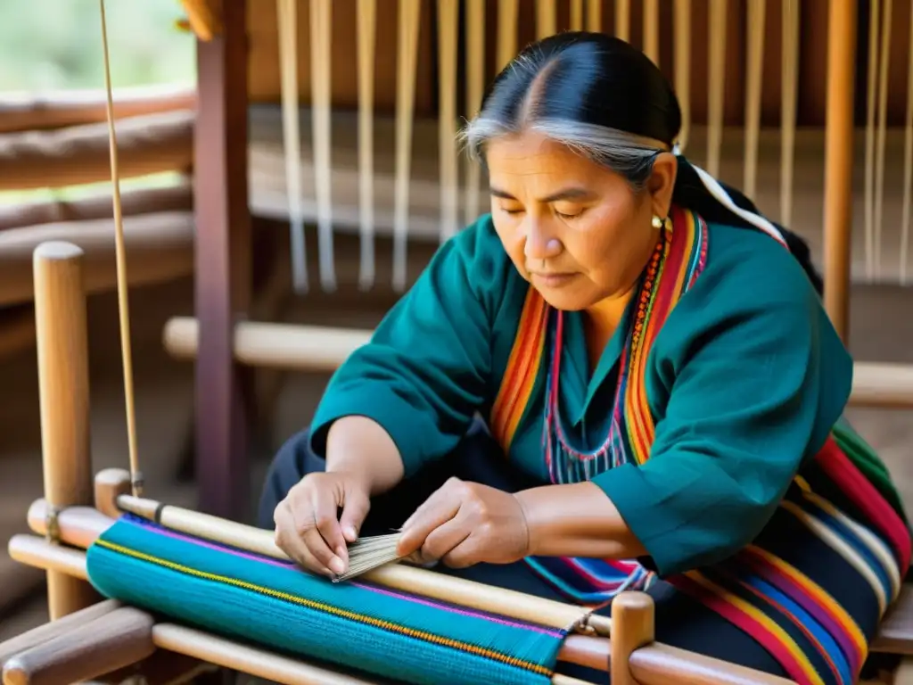 Una artesana Mapuche teje con destreza en un telar tradicional, creando un textil vibrante y detallado