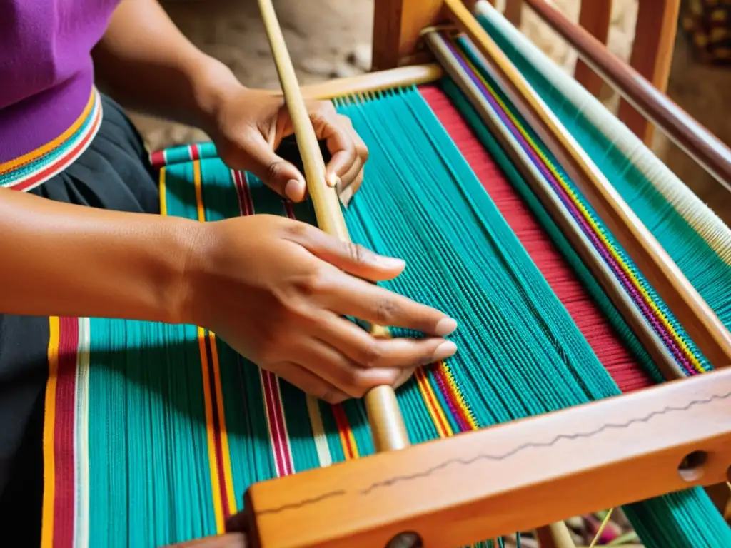 Artesana en Oaxaca tejiendo patrones textiles en telar de cintura, resaltando la herencia cultural y destreza artesanal