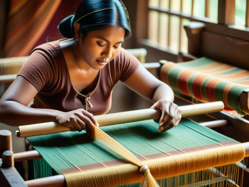 Artesana del textil sostenible tejiendo en telar con hilos naturales, evocando el diseño cultural