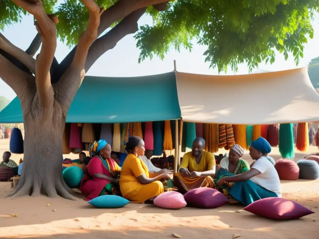 Artesanas africanas tejiendo bajo un árbol, revitalización arte textil África moderna