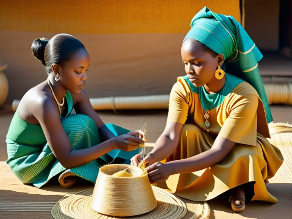 Artesanas africanas tejiendo sisal con destreza, rodeadas de coloridos textiles y patrones tradicionales, en un cálido ambiente soleado en África