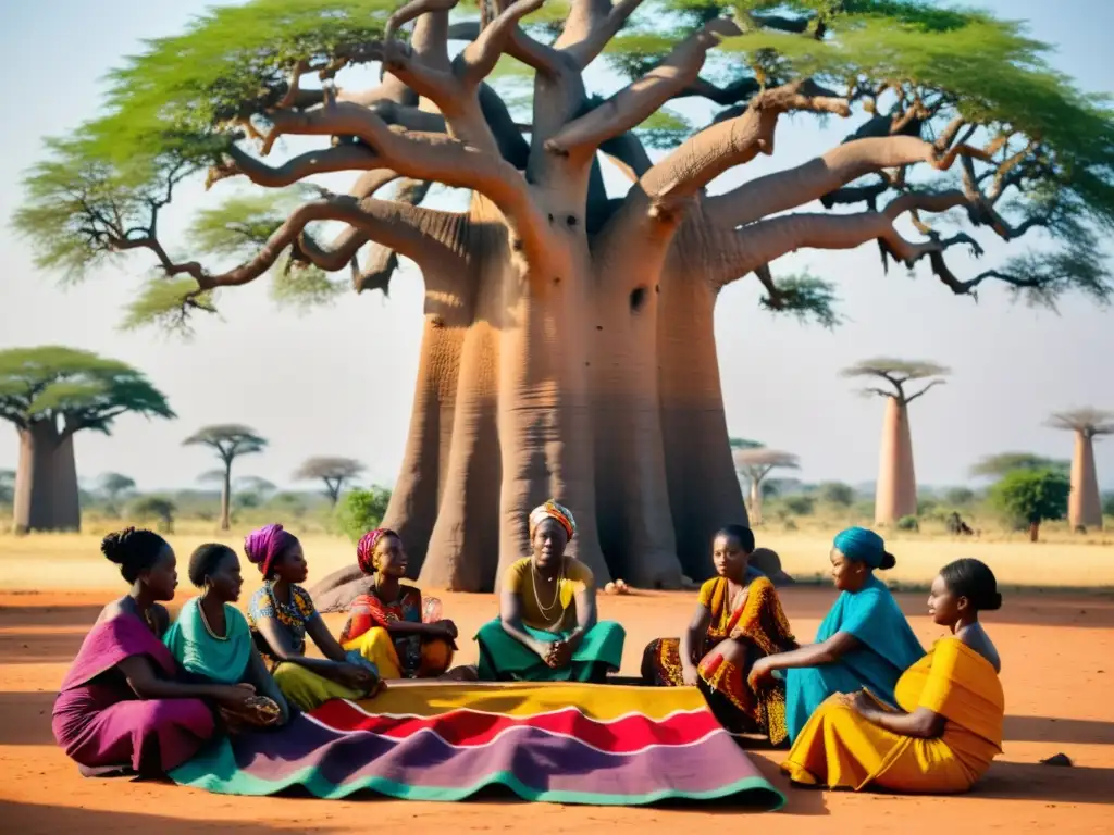 Artesanas africanas tejiendo telas de algodón bajo baobab, prácticas ecológicas producción textil africana