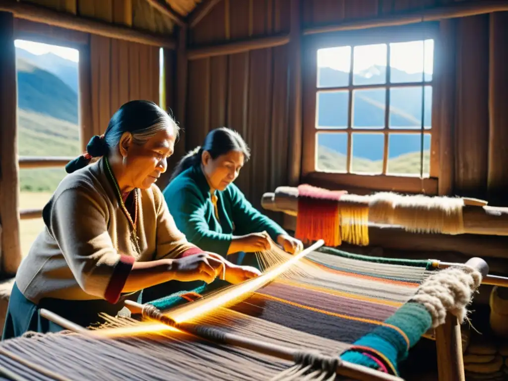 Artesanas Mapuche tejiendo textiles tradicionales con patrones culturales en Patagonia, bañadas por la cálida luz del sol