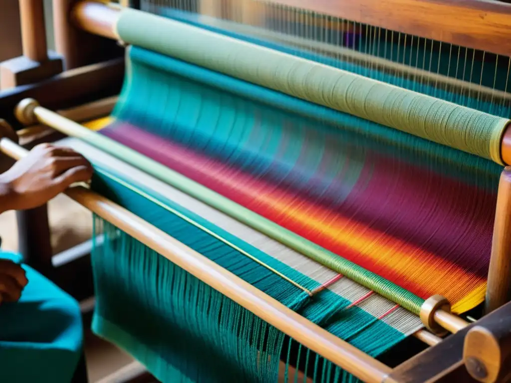 Artesanía ancestral en telar con patrones vibrantes y colores intensos
