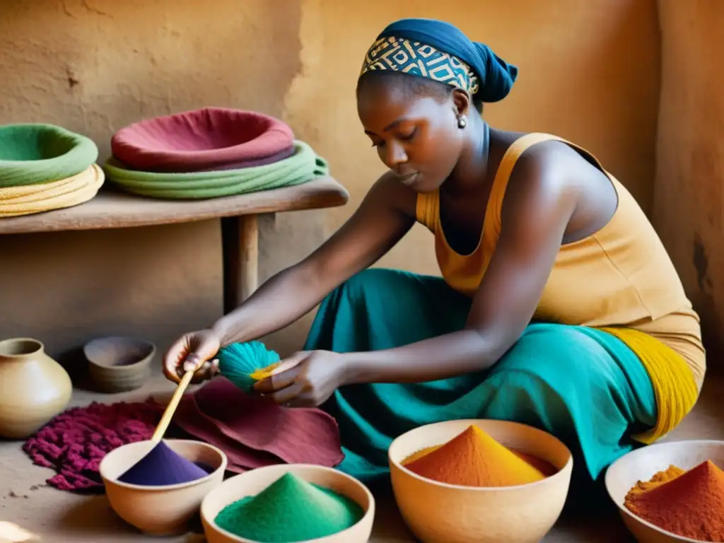 Un artesano africano tiñendo telas con tintes naturales, evocando el significado cultural del arte textil africano