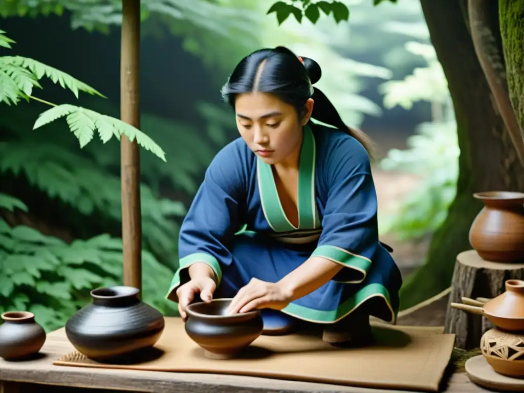 Un artesano Ainu moldea cerámica tradicional en un entorno boscoso en Hokkaido, Japón, reflejando la autenticidad cultural de la cerámica Ainu