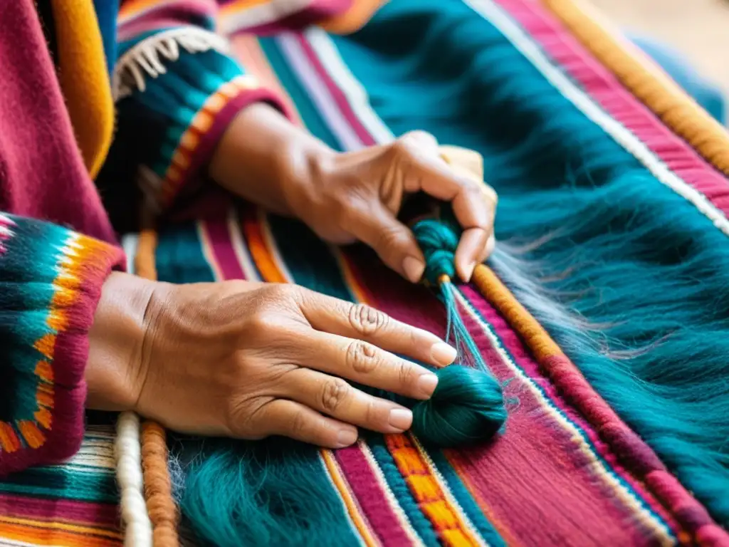 Un artesano andino teje con destreza fibras naturales de alpaca y llama, resaltando la rica historia del tejido andino con fibras naturales