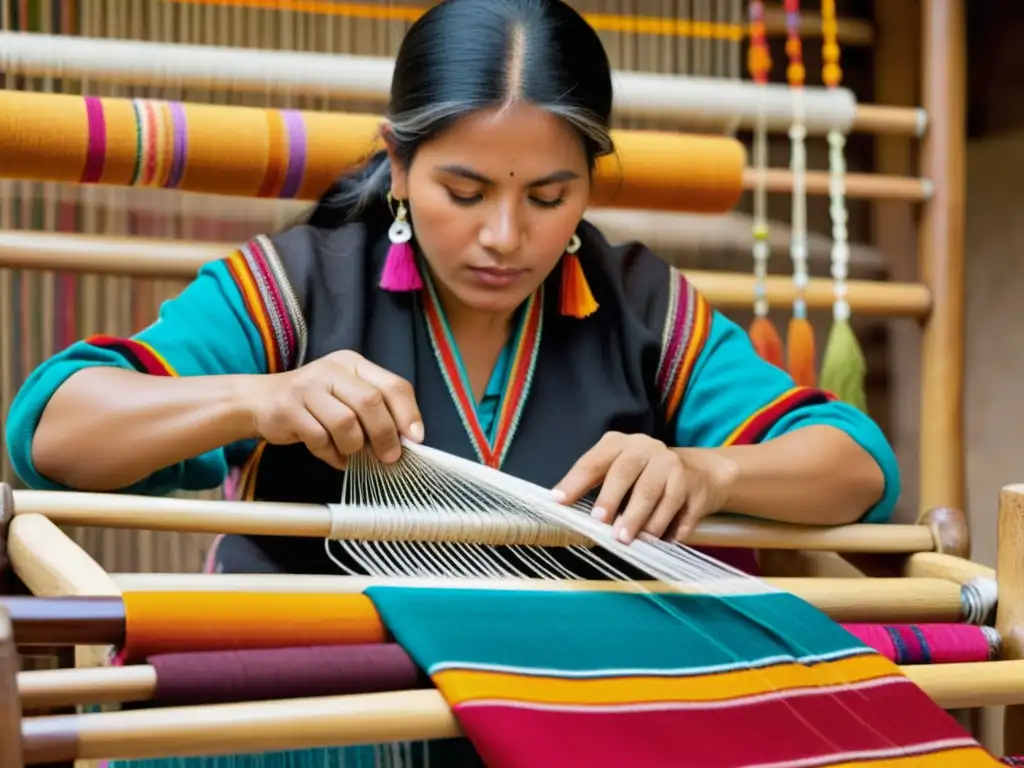 Un artesano andino teje patrones tradicionales con precisión en un telar de madera rodeado de hilos de colores