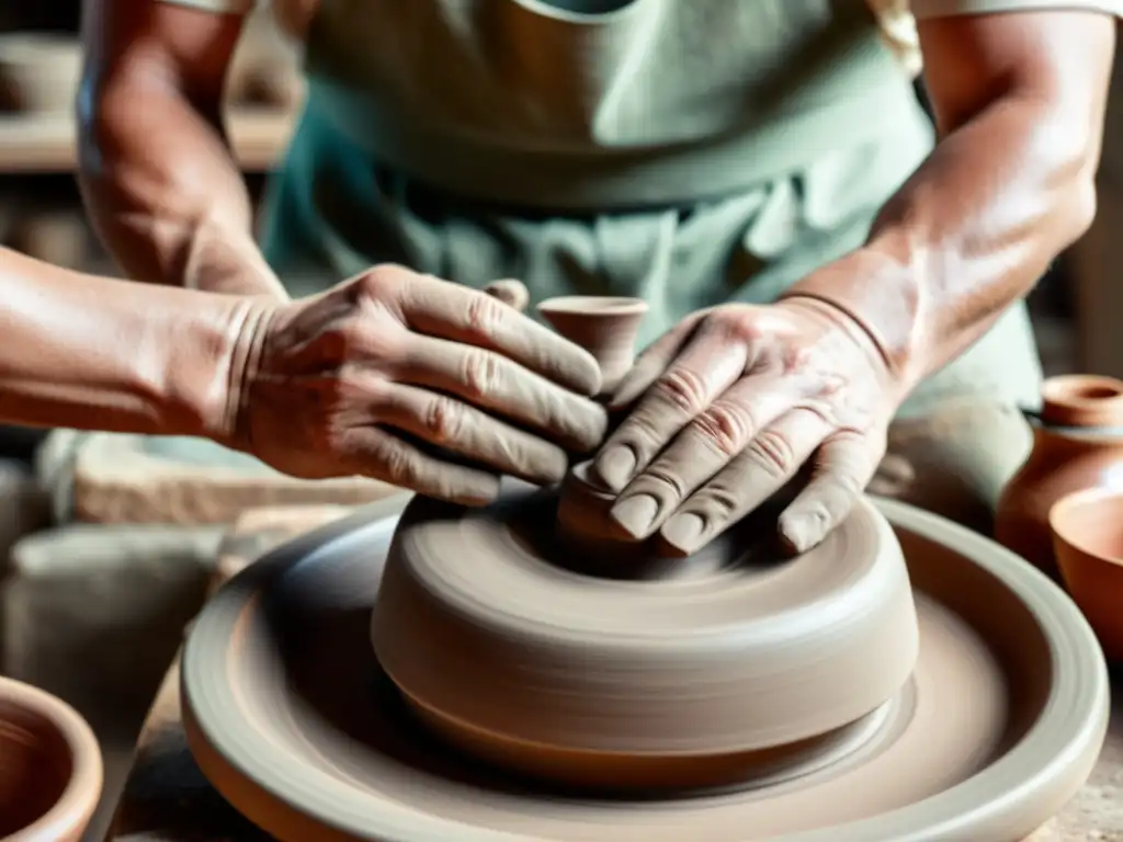 Un artesano moldea arcilla en un torno con meticulosas manos, evocando la tradición de la cocción de cerámica en hornos dragón