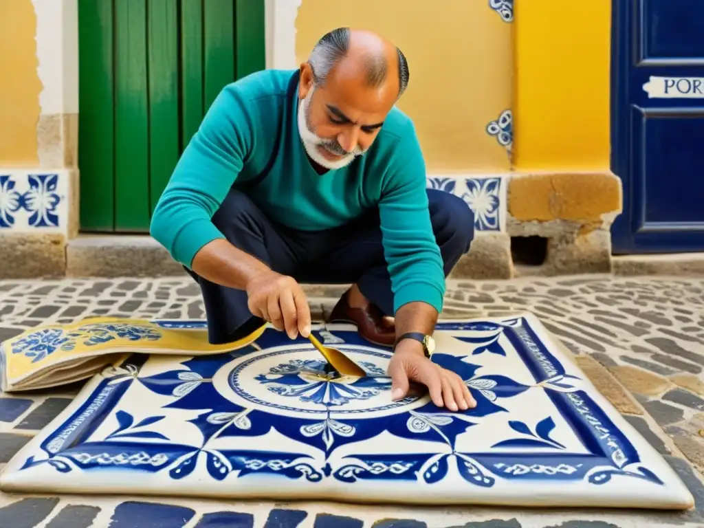 Un artesano pinta meticulosamente azulejos tradicionales en Portugal, capturando la esencia de la artesanía portuguesa