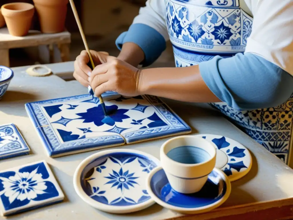 Un artesano pinta meticulosamente azulejos tradicionales en Portugal, evocando historia y artesanía