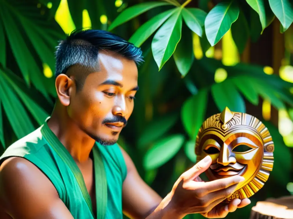 Un artesano balinés tallando una máscara tradicional entre exuberante follaje tropical