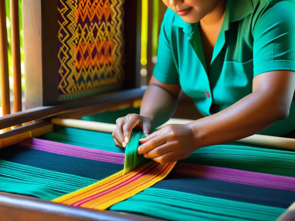 Un artesano balinés teje patrones artísticos tradicionales en una vibrante tela teñida a mano, mostrando su habilidad y la riqueza cultural de Bali