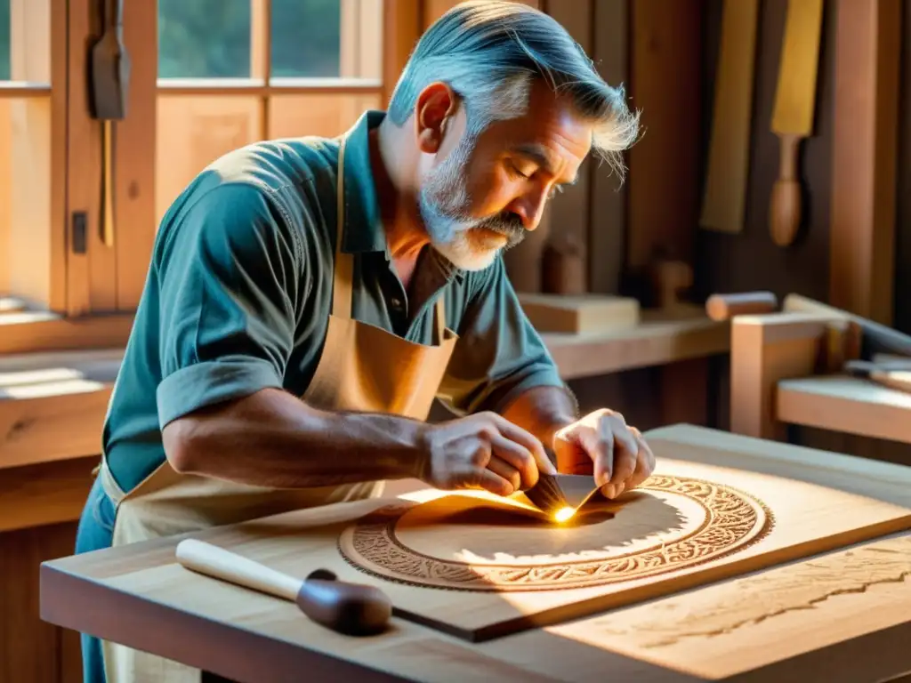 Un artesano cala madera con técnicas tradicionales, creando una obra maestra bajo la cálida luz del taller